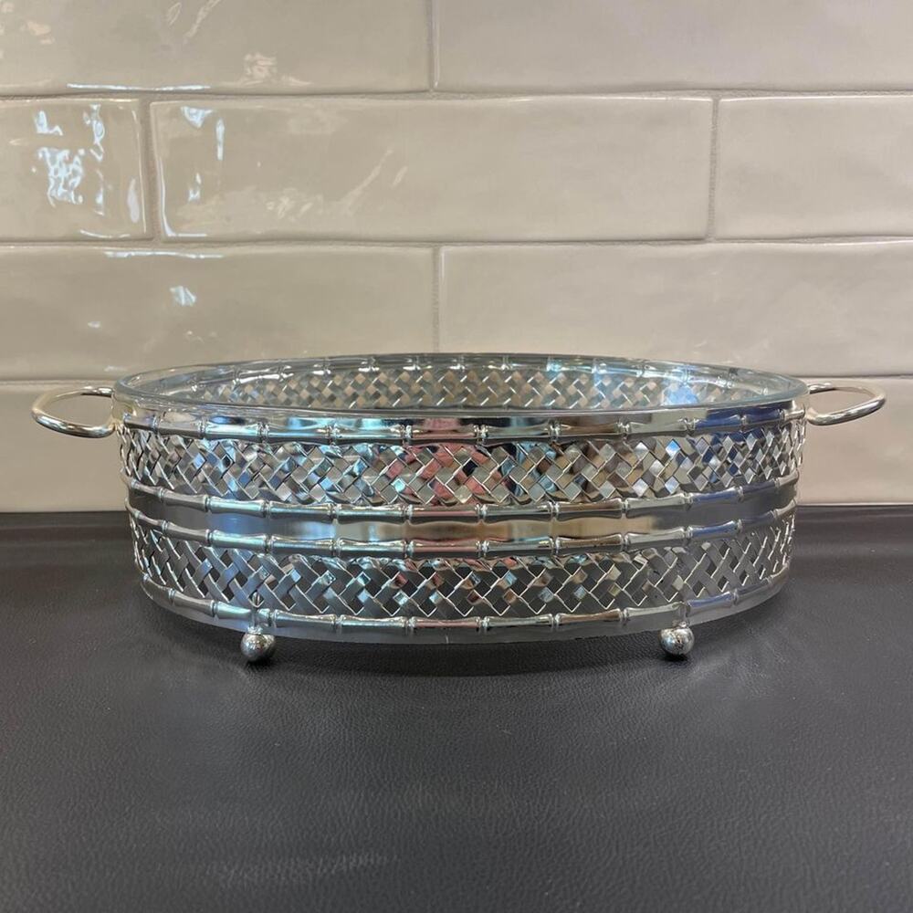 England Silverplated Bamboo Basketweave Vintage Pyrex Dish Holder